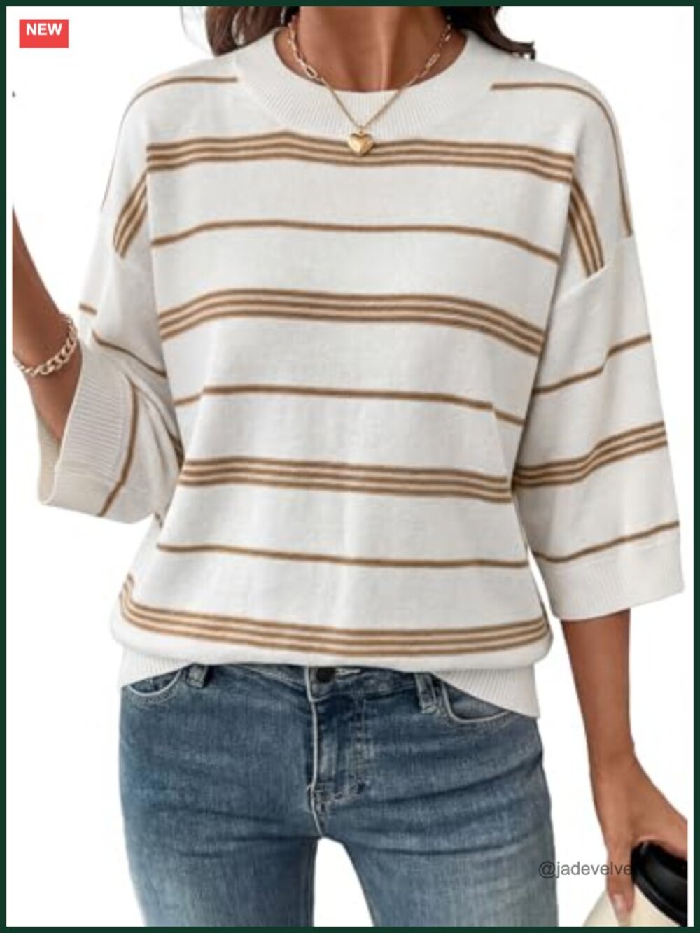 Womens Oversized 3/4 Sleeve Striped Knit Sweater Pullover